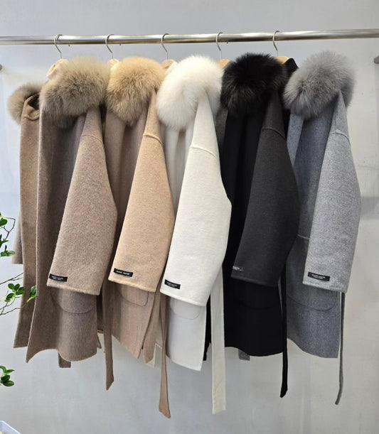 12A201 皮草帽羊絨手工長版大衣