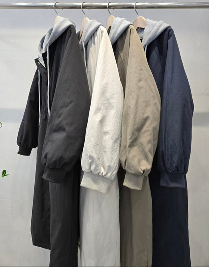 12A208 連帽縮腰過膝長版鋪棉風衣