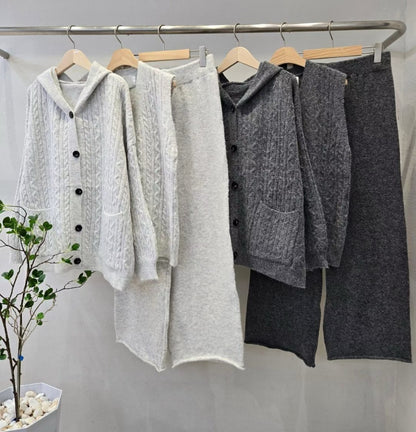 12A206 麻花紋連帽外套+背心+長寬褲毛料套裝