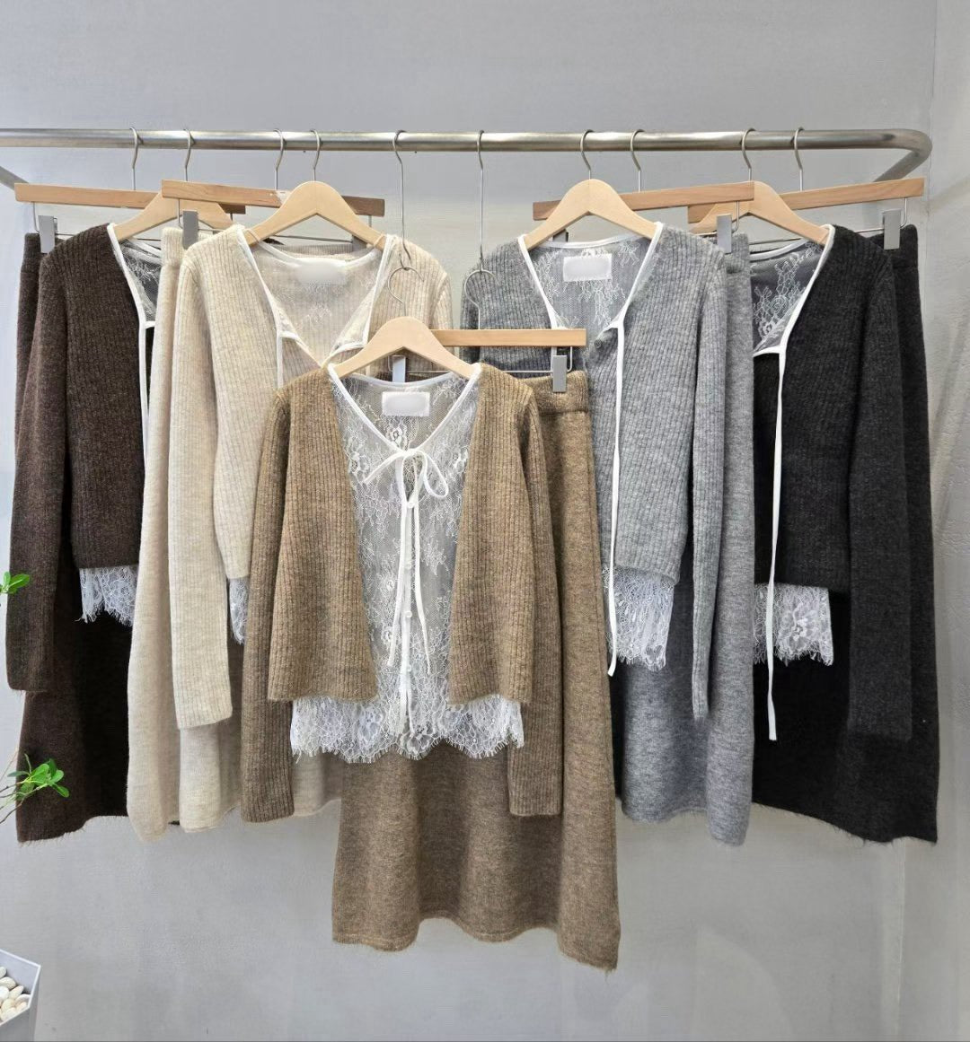 12A204 蕾絲假兩件外套+A字裙針織套裝