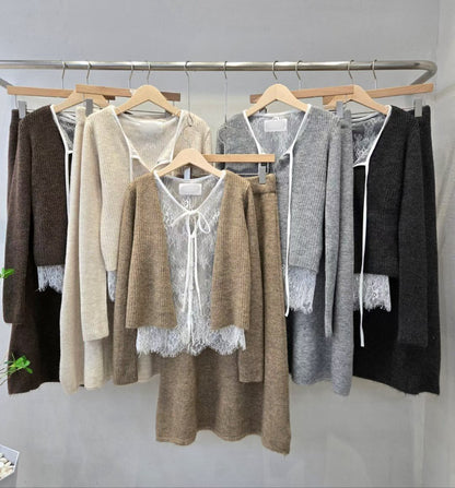 12A204 蕾絲假兩件外套+A字裙針織套裝