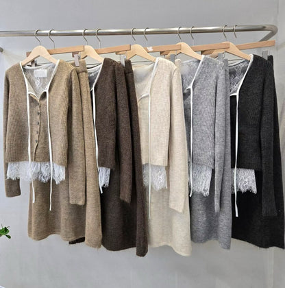 12A204 蕾絲假兩件外套+A字裙針織套裝