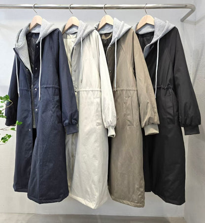 12A208 連帽縮腰過膝長版鋪棉風衣