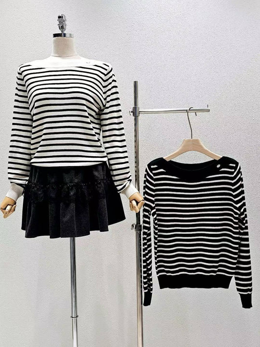 12B206 一字領條紋針織衫