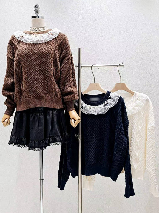 12B213 點點蕾絲麻花紋毛衣