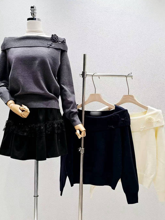 12B212 花朵別針船型翻領毛衣