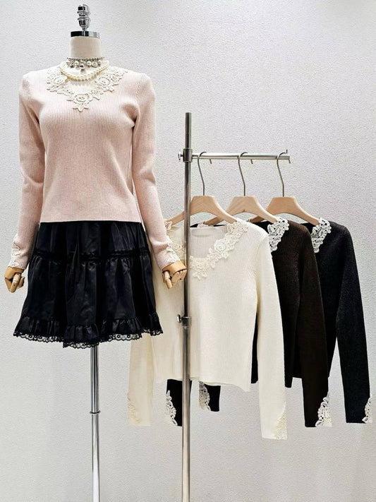 12B211 布蕾絲V領螺紋針織衫