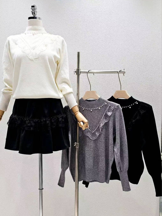 12B210 立領珍珠V蕾絲針織衫