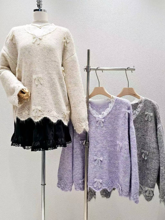 12B208 立體蝴蝶結混色毛衣