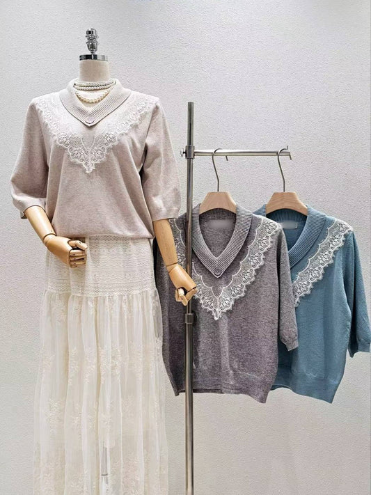 12B205 蕾絲V領五分袖針織衫