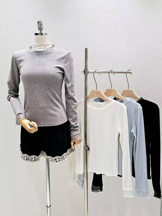 12B202 拚紗木耳邊立領彈性棉長袖T