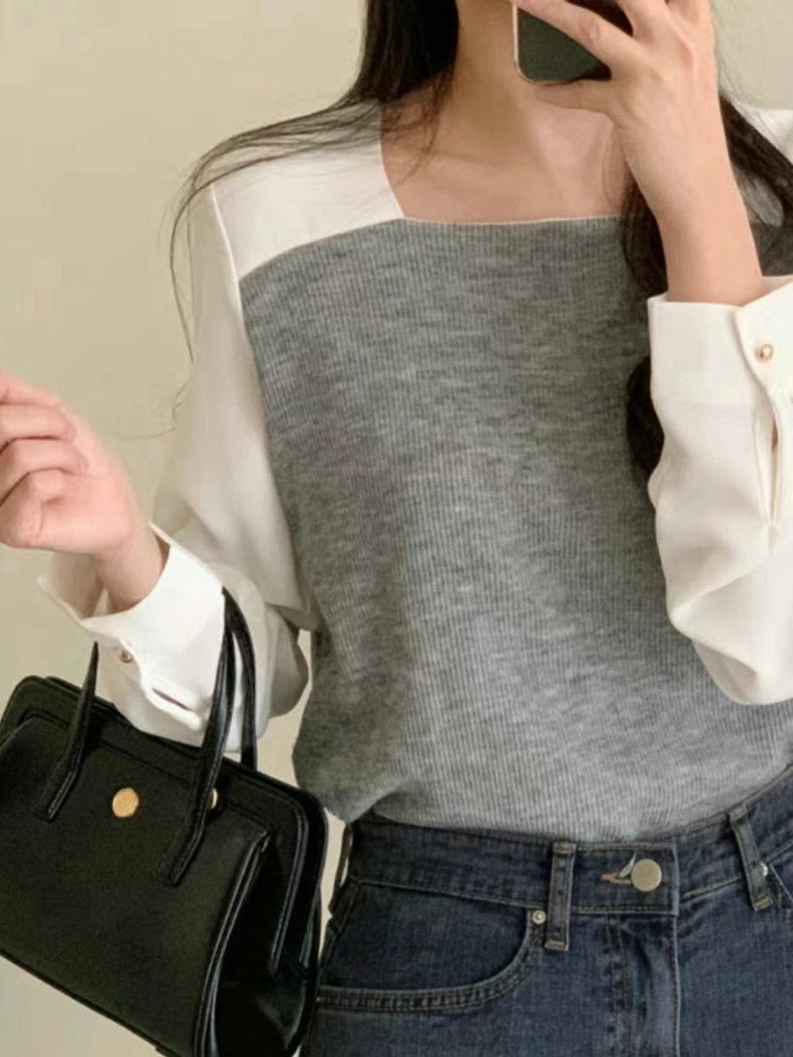 12C115 異材質方領雪紡上衣