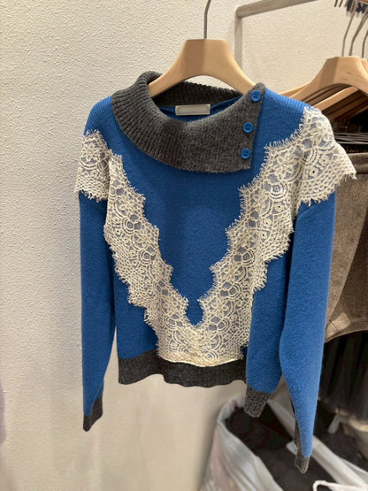 1A109 拚色領V布蕾絲毛衣