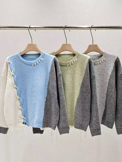 1A103 拼接色交叉抽繩毛衣