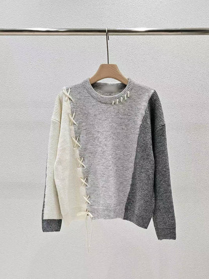 1A103 拼接色交叉抽繩毛衣