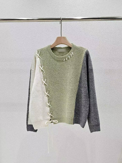 1A103 拼接色交叉抽繩毛衣