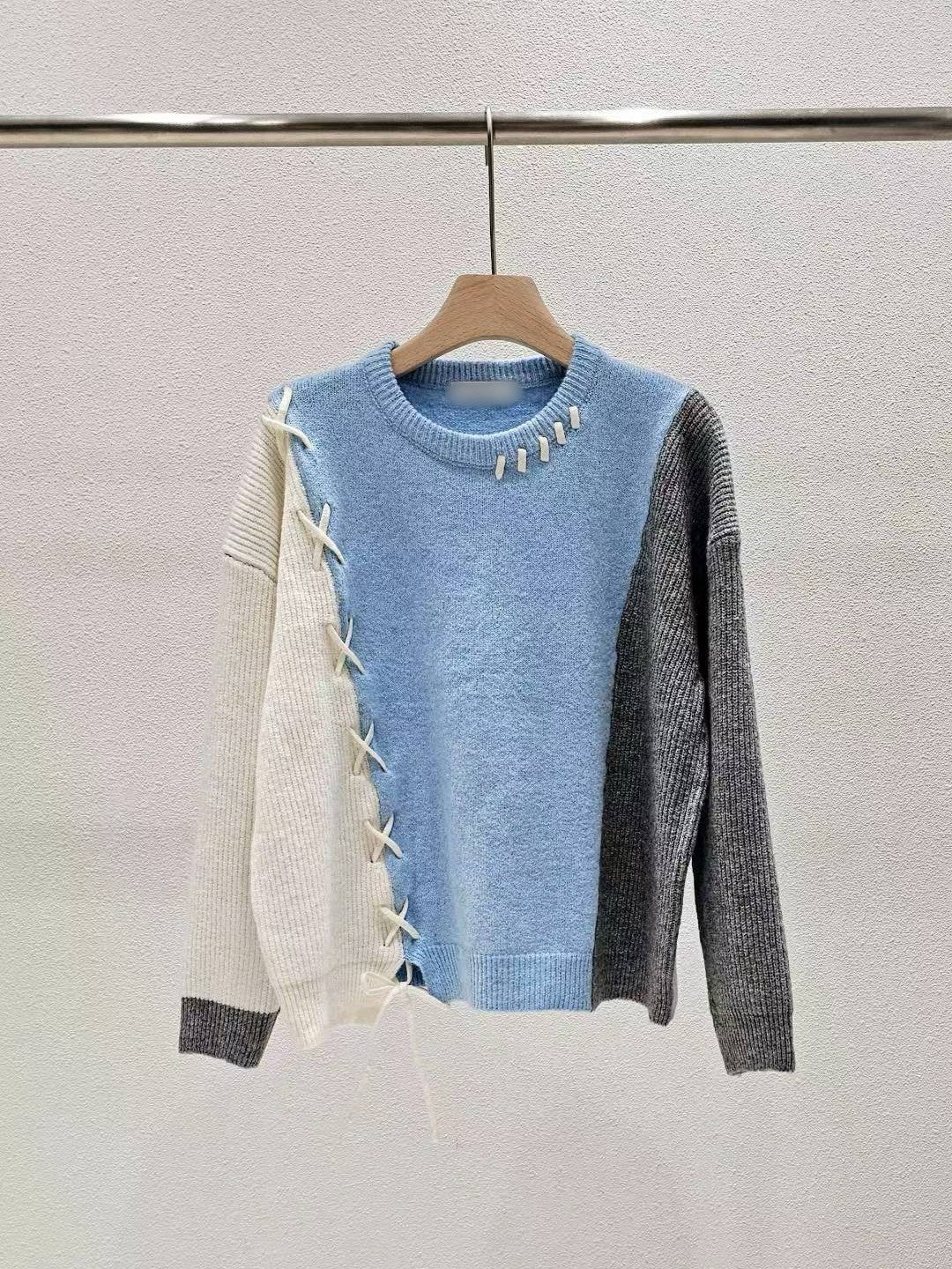 1A103 拼接色交叉抽繩毛衣