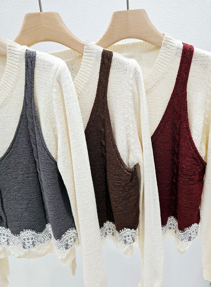 1A101 假兩件蕾絲下擺背心毛衣