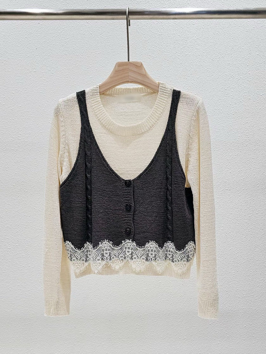 1A101 假兩件蕾絲下擺背心毛衣