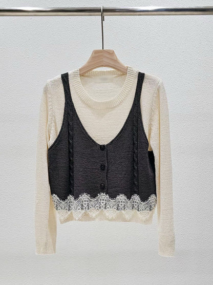 1A101 假兩件蕾絲下擺背心毛衣