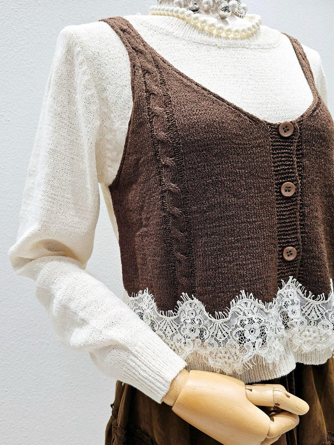 1A101 假兩件蕾絲下擺背心毛衣
