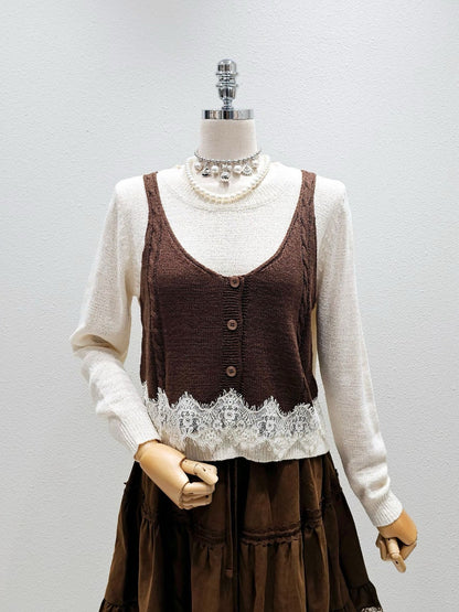 1A101 假兩件蕾絲下擺背心毛衣