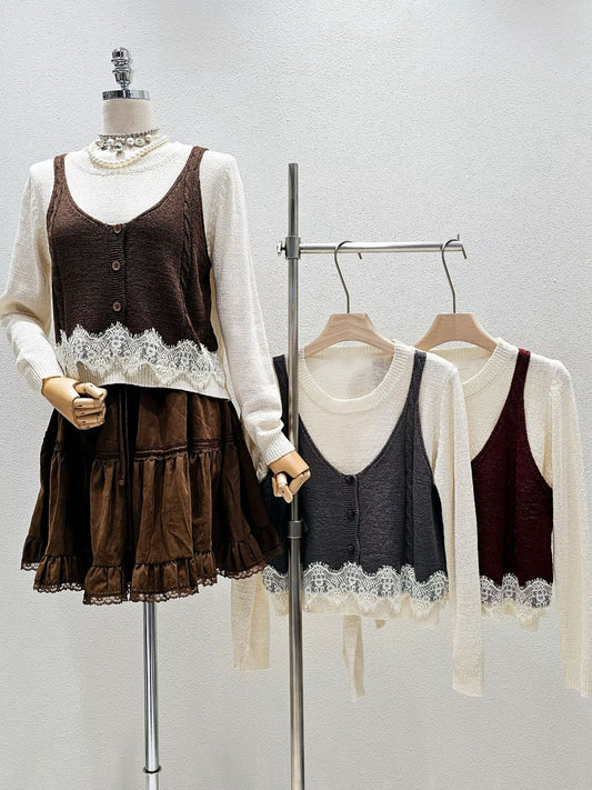 1A101 假兩件蕾絲下擺背心毛衣