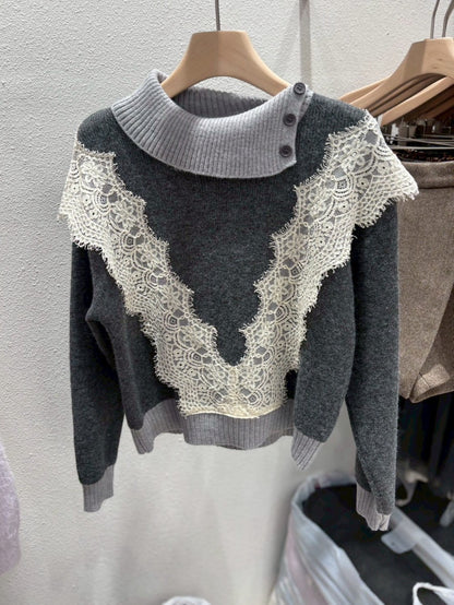 1A109 拚色領V布蕾絲毛衣