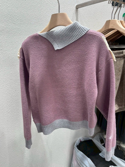 1A109 拚色領V布蕾絲毛衣