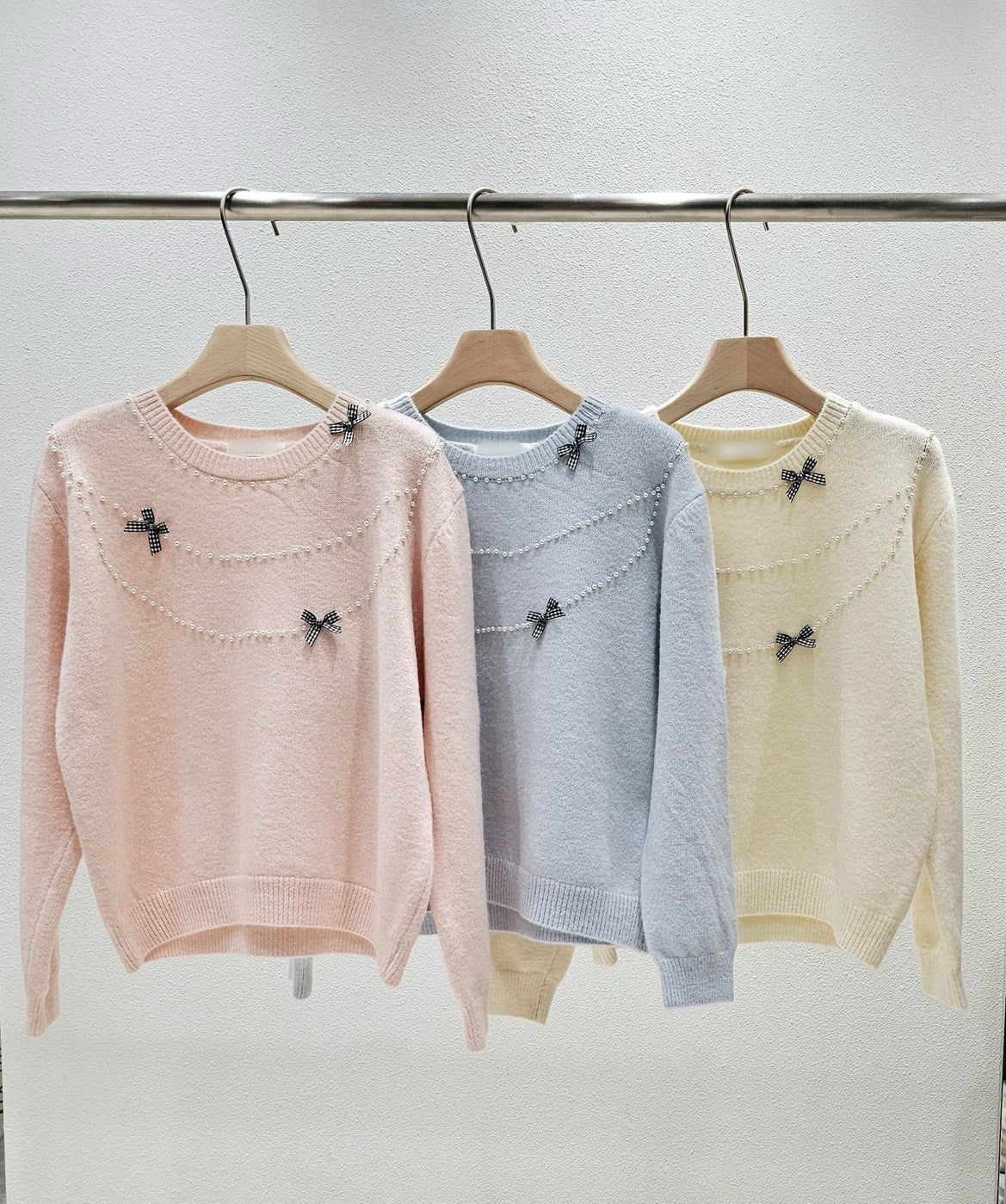 1A114 珍珠格紋蝴蝶結毛衣