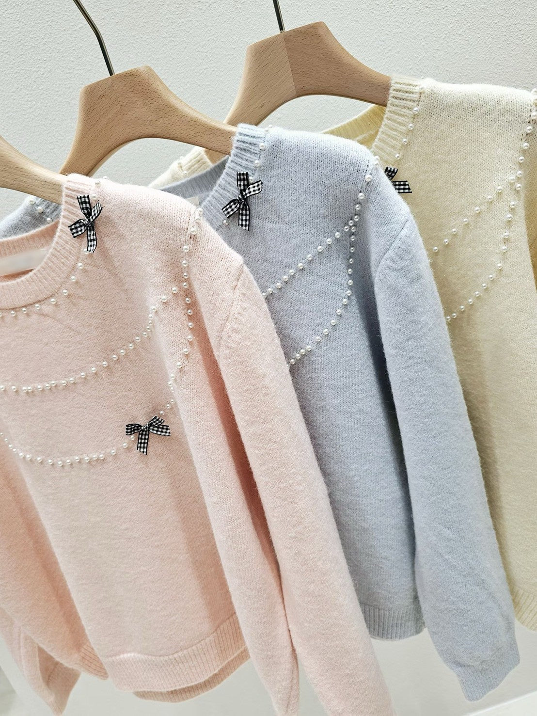 1A114 珍珠格紋蝴蝶結毛衣