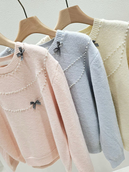 1A114 珍珠格紋蝴蝶結毛衣