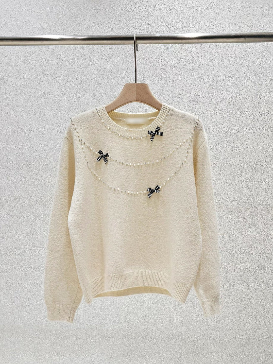 1A114 珍珠格紋蝴蝶結毛衣