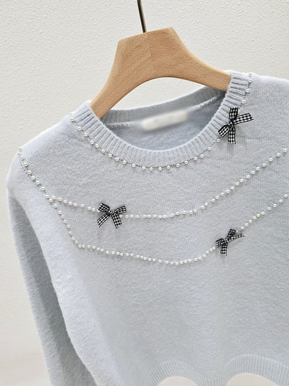 1A114 珍珠格紋蝴蝶結毛衣