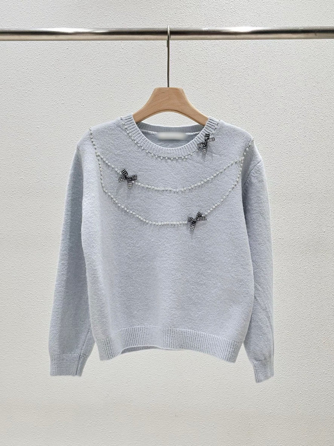 1A114 珍珠格紋蝴蝶結毛衣