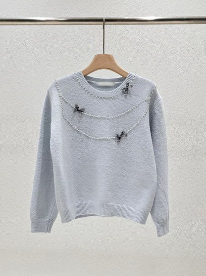 1A114 珍珠格紋蝴蝶結毛衣