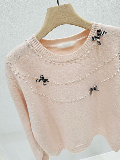 1A114 珍珠格紋蝴蝶結毛衣