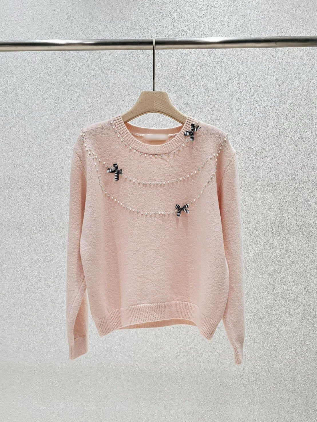 1A114 珍珠格紋蝴蝶結毛衣