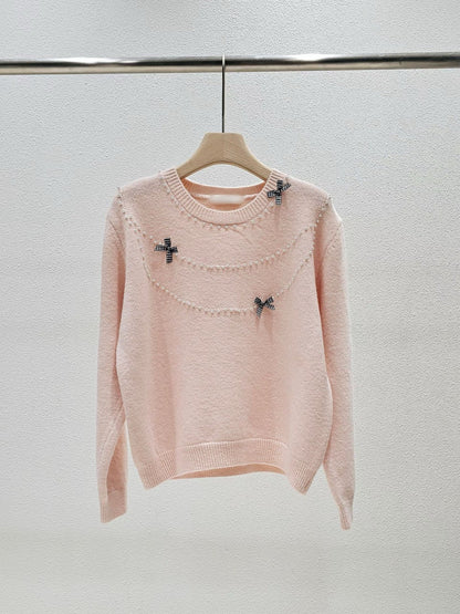 1A114 珍珠格紋蝴蝶結毛衣