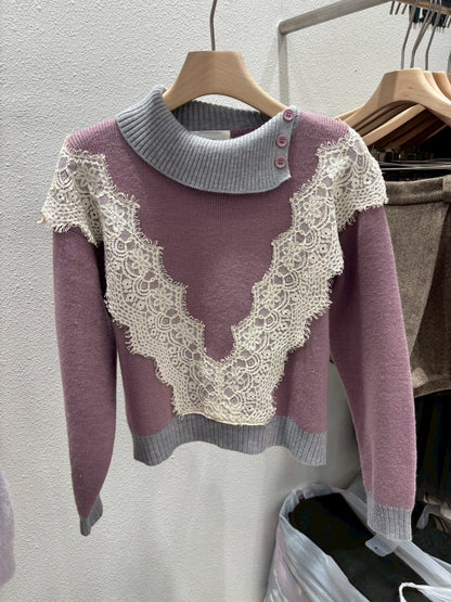 1A109 拚色領V布蕾絲毛衣
