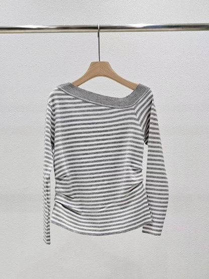 1A113 斜開領抓腰橫條針織衫