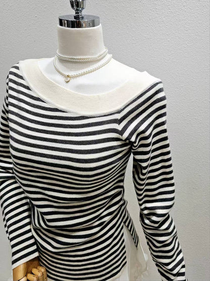 1A113 斜開領抓腰橫條針織衫