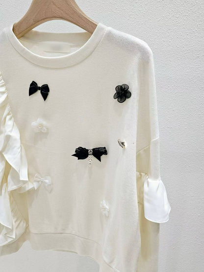 1A111 花朵蝴蝶結荷葉針織衫