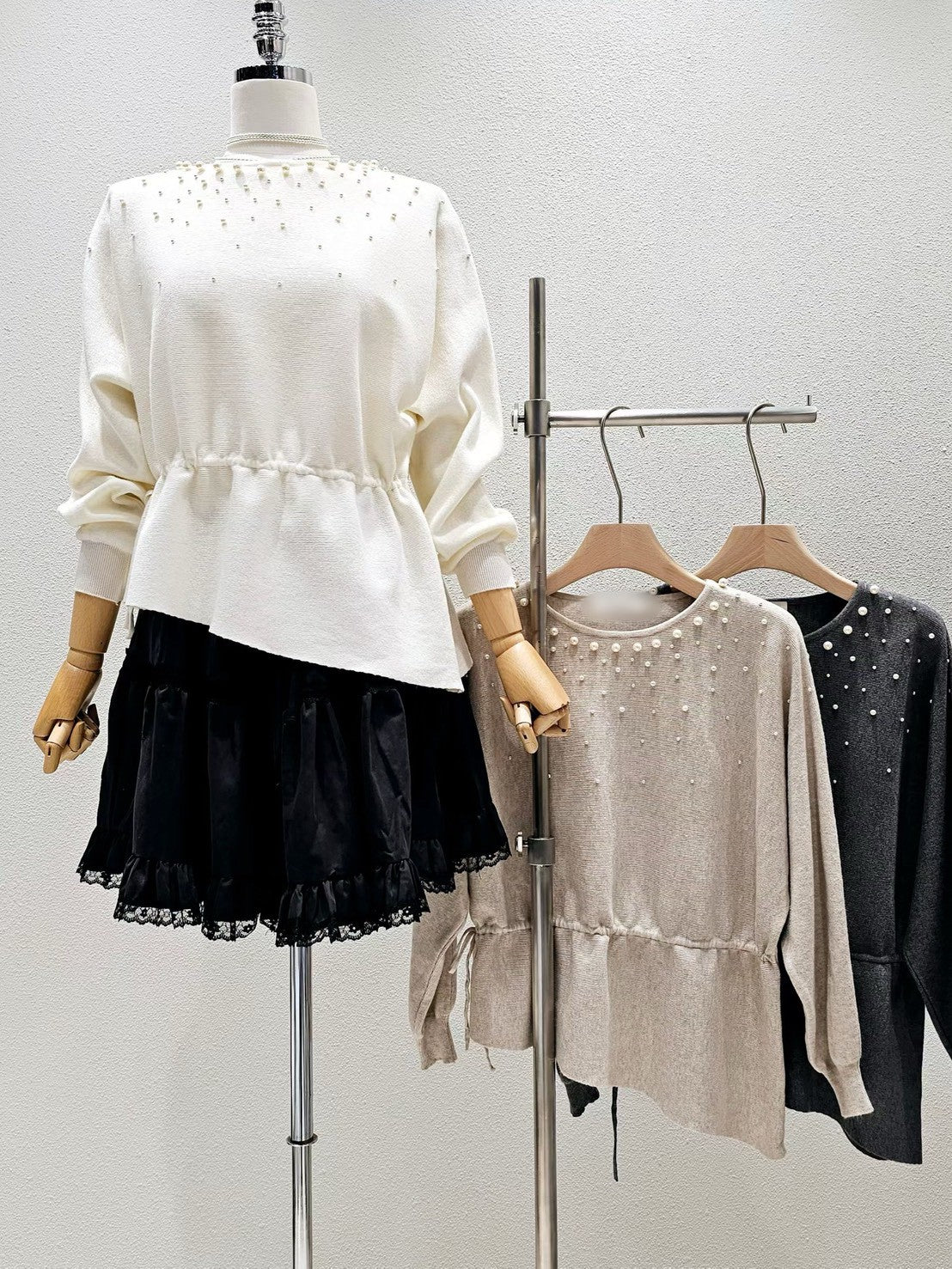 1A107 大小珍珠腰抽繩針織衫