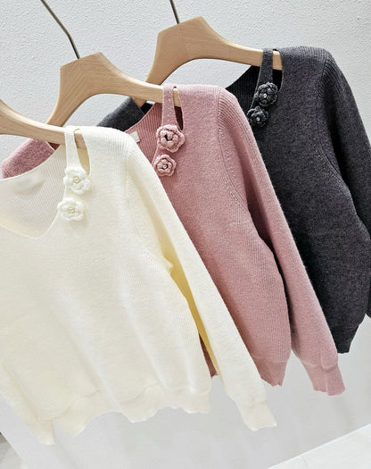 1A110 花朵V領螺紋針織衫