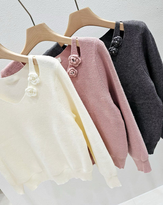 1A110 花朵V領螺紋針織衫