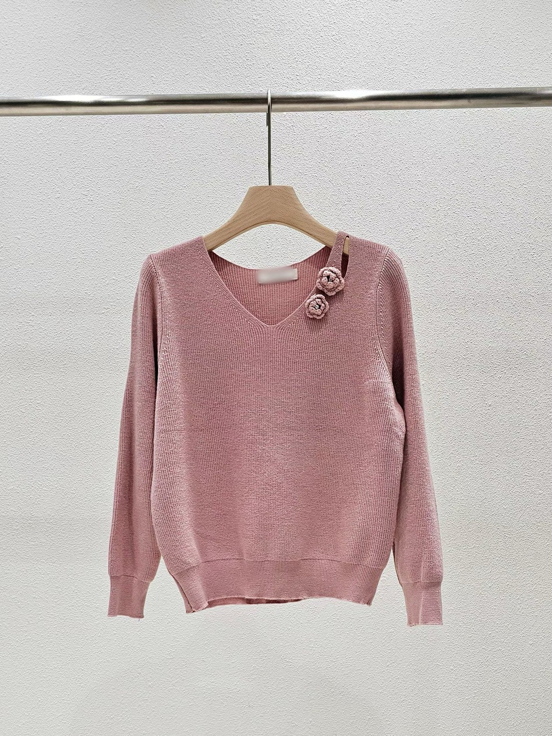 1A110 花朵V領螺紋針織衫