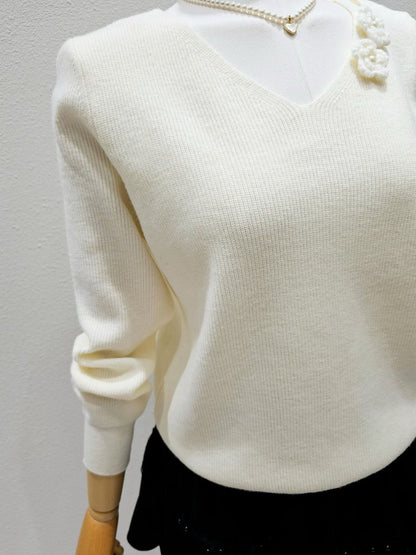 1A110 花朵V領螺紋針織衫