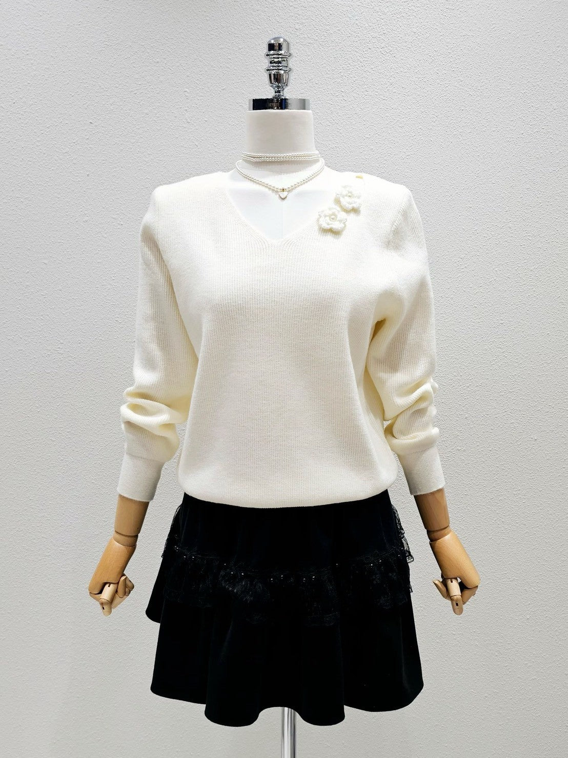 1A110 花朵V領螺紋針織衫