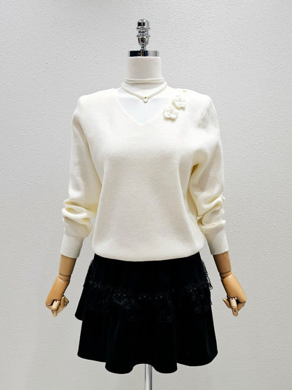 1A110 花朵V領螺紋針織衫